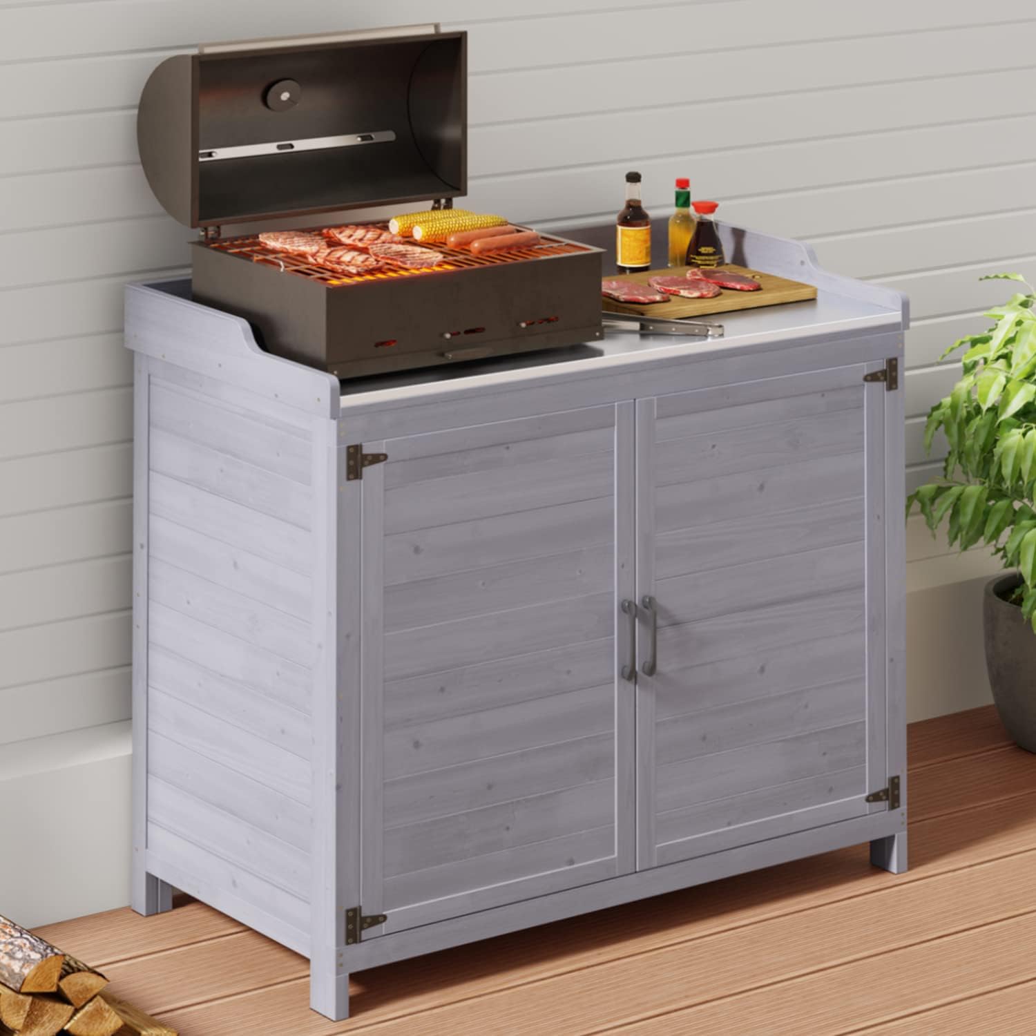 Gizoon Outdoor Potting Bench with Metal Tabletop, Outdoor Garden Patio Wooden Storage Cabinet with Adjustable Shelf, Double Doors Garden Work Bench for Backyard, Patio, Lawn - Grey