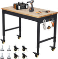 60'' Adjustable Workbench on Wheels, 2000LBS Heavy Duty Worktable with Power Outlets, Rubberwood Workstation for Workshop, Garage, Office, Home