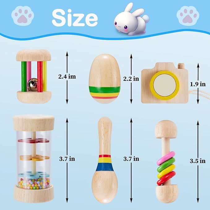 6 Pcs Wooden Bunny Toys - Safe Rabbit & Guinea Pigs Teeth Grinding Toys for Chinchillas, Hamsters & Small Animals - Indoor & Outdoor