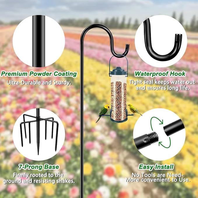 72" Shepherds Hooks for Outdoor, Heavy Duty Garden Bird Feeder Pole for Hanging Bird Feeder, Plant Baskets, Solar Light Lanterns, Outdoor Plant Hanger Hook with 7 Base Prongs,1 Pack