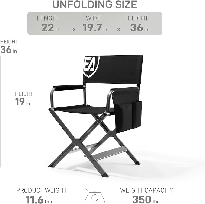 Ever Advanced Lightweight Aluminum Director's Chair, Black and Grey, 350lb Capacity