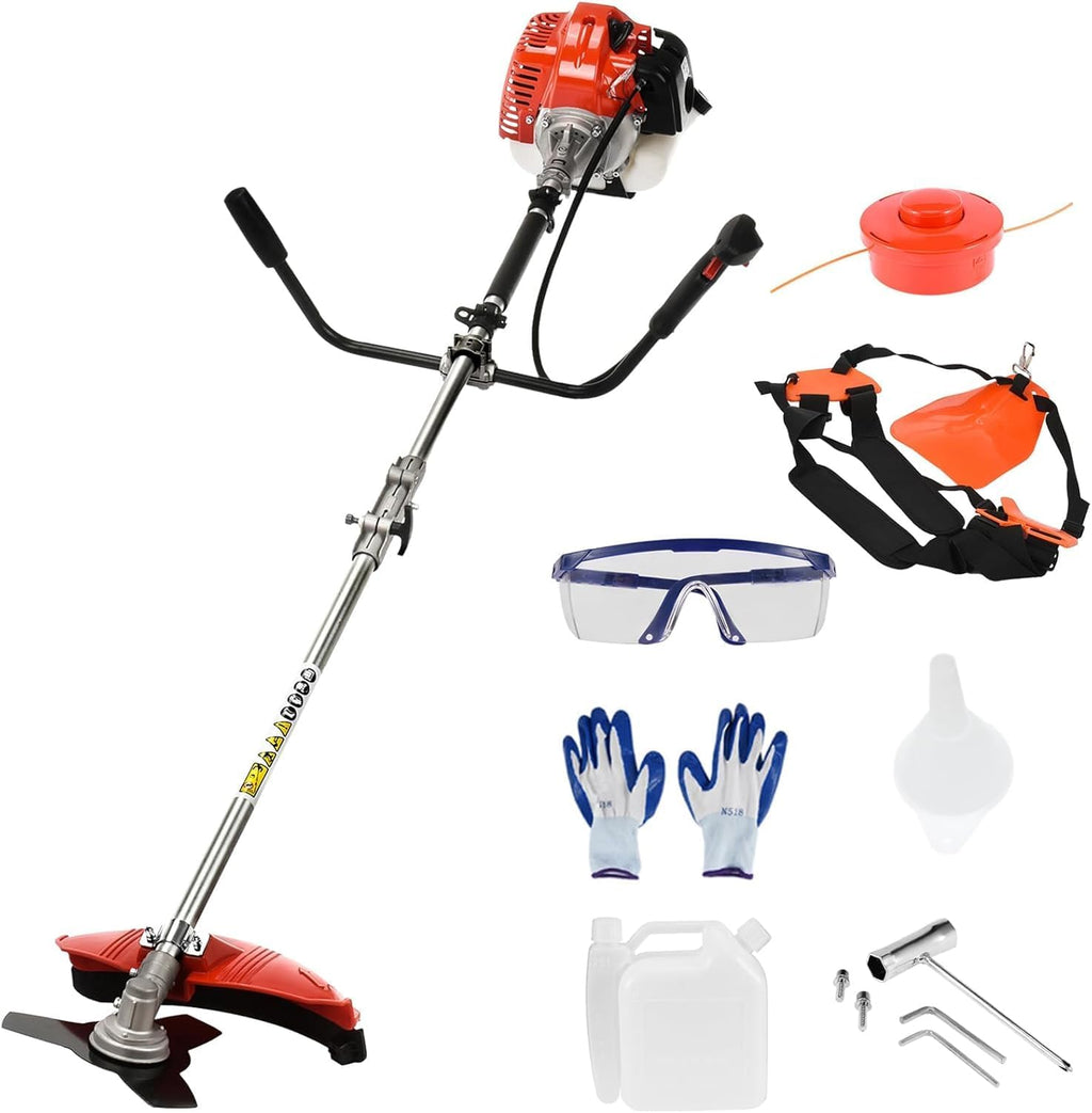 52CC Gas Power String Trimmer Cordless, 2 in 1 Multifunction Petrol Hedge Trimmer, Gas Lawn Mower Brush Cutter, 2-Stroke Weed Wacker, for Lawn, Garden, etc (2 in 1 red)