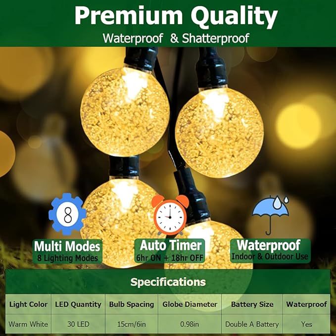 Battery Operated Globe String Lights - Indoor Outdoor String Lights Crystal Globe Lights 8 Modes 30 LED Patio Lights with Timer for Garden Balcony Pergola Party Decor, Warm White, 2 Pack