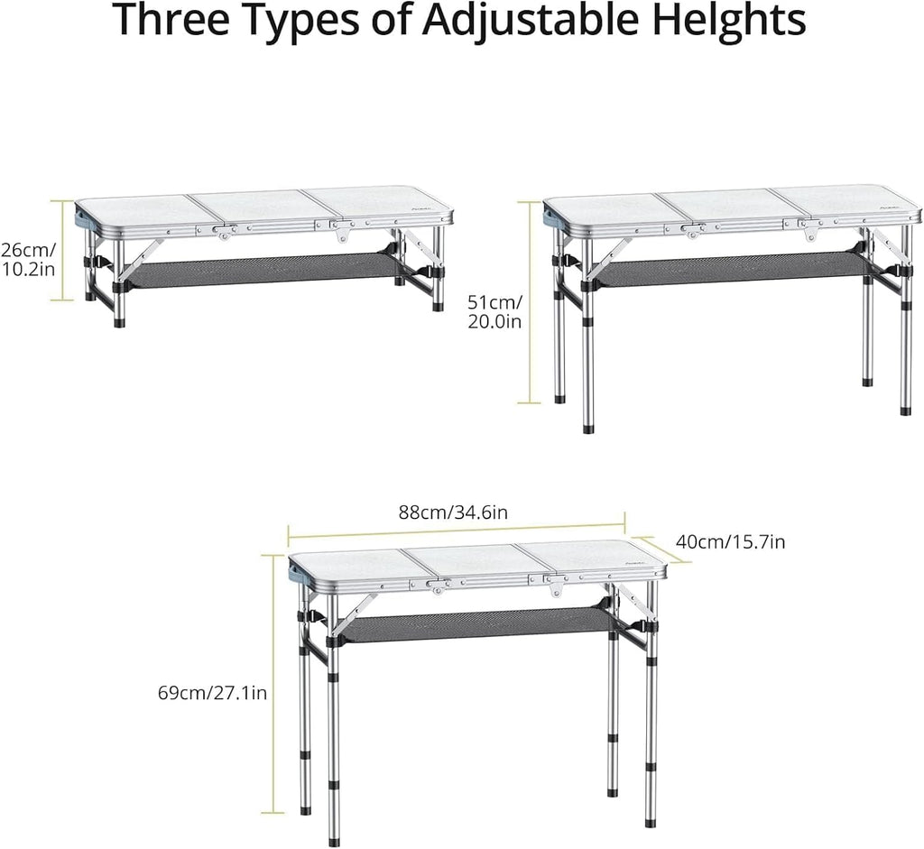 Folding Camping Table with Storage Net, 3ft Camping Table Aluminum Folding Table with 3 Adjustable Height Max 27.1 Inch, Portable, for Outdoor Backyard BBQ, Silver