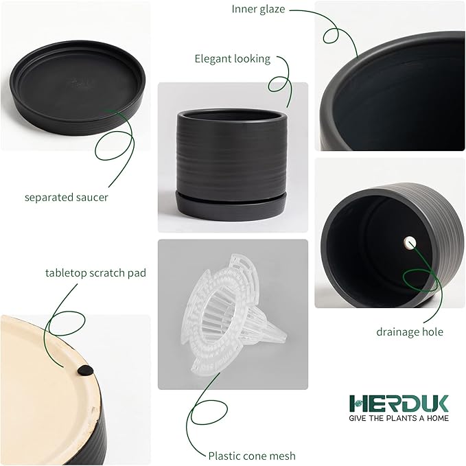 6 + 8 Inch Plant Pots, Ceramic Planter Pot with Drainage Hole & Saucer, Indoor/Outdoor Cylinder Round Planter Pot, Matte Black