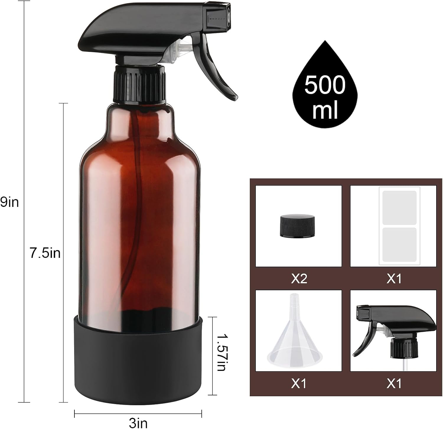 Glass Amber Spray Bottles with Silicone Sleeve, 2 Pack 16.9oz Refillable Containers with Adjustable Spray Nozzles, Empty Spray Bottle for Cleaning Solutions, Hair, Plants, Essential Oils (Black+Green)