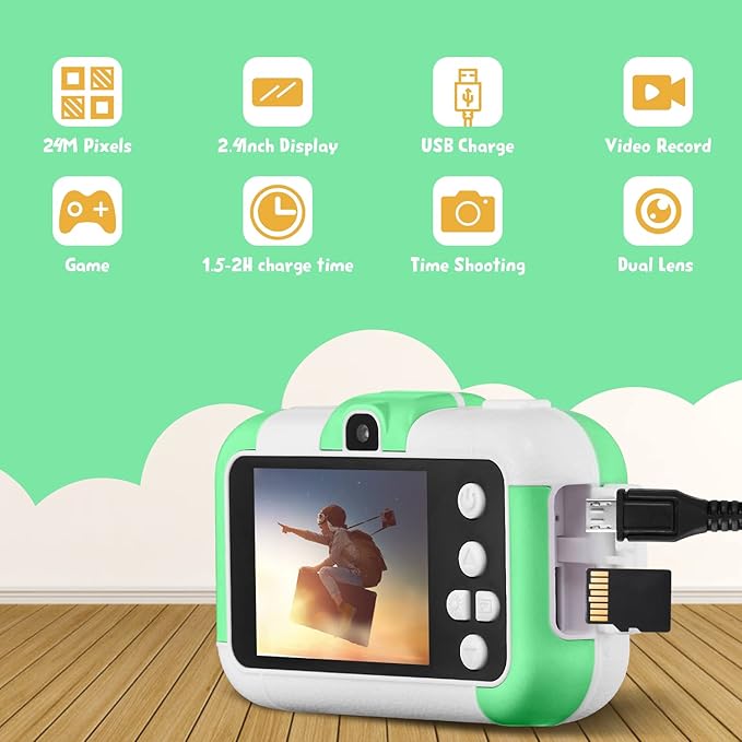 SUZIYO Kids Video Camera, Best Christmas Birthday Gifts Toys for Children, Toddlers Selfie Digital Camcorder 1080P Dual Lens 2.4 Inch HD for Age 3-8 Years Old Boys Girls with 32G SD Card, Green
