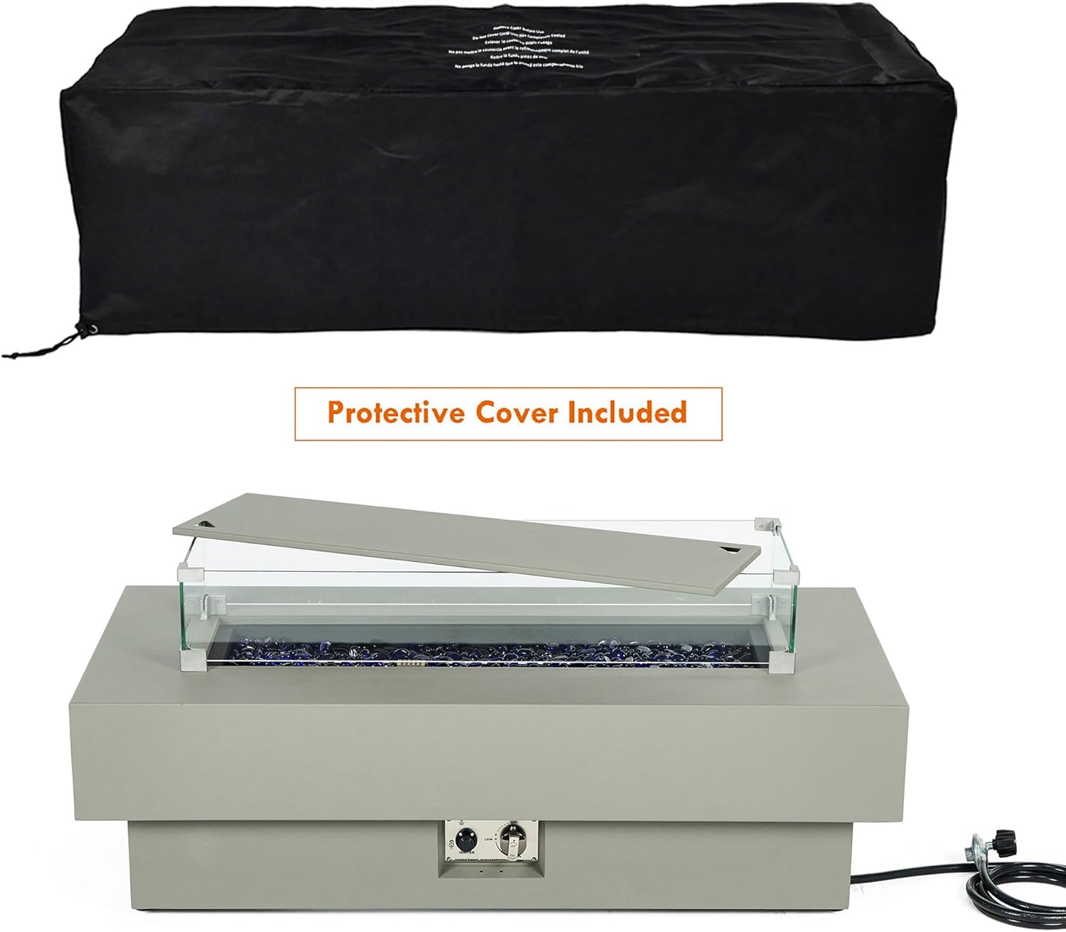 48-inch Fire Table with 20lb Propane Tank Cover & Wind Glass Shield, 50,000BTU Outdoor Modern Patio Fire Pit Table w/Rectangular Burner Lid, Glass Rocks, Pre-Attached 10ft External Gas Hose