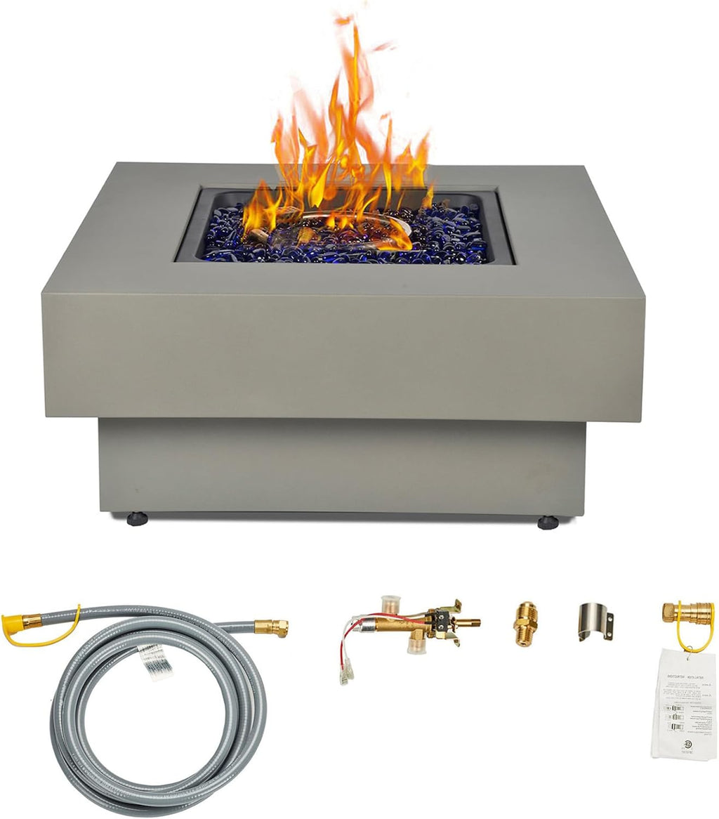 32.5-inch Fire Table with Natural Gas Conversion Kit, 50,000BTU Outdoor Modern Patio Fire Pit Table w/Square Burner Lid, Glass Rocks, Cover