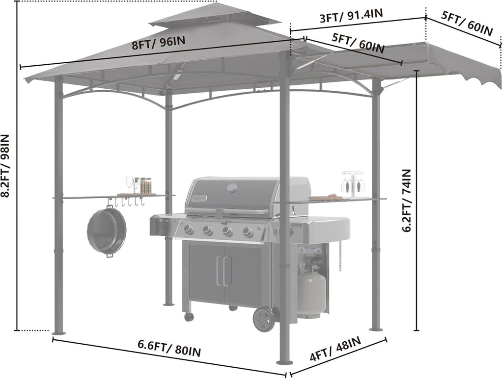 MASTERCANOPY 11 x 5 Grill Gazebo with Extra Side Awning Outdoor BBQ Gazebo with 2 LED Lights for Patio Party Backyard Picnic(Dark Gray)