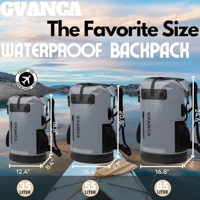 Waterproof Roll Top Kayak Dry Backpack, Floating Outdoor Dry Sack Boating Sailing Canoeing Rafting Fishing Camping 35L Grey