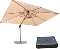 PURPLE LEAF 10' X 13' Double Top Deluxe Wood Pattern Rectangle Patio Umbrella with Base Offset Hanging Umbrella Outdoor Market Umbrella Garden Umbrella, Beige
