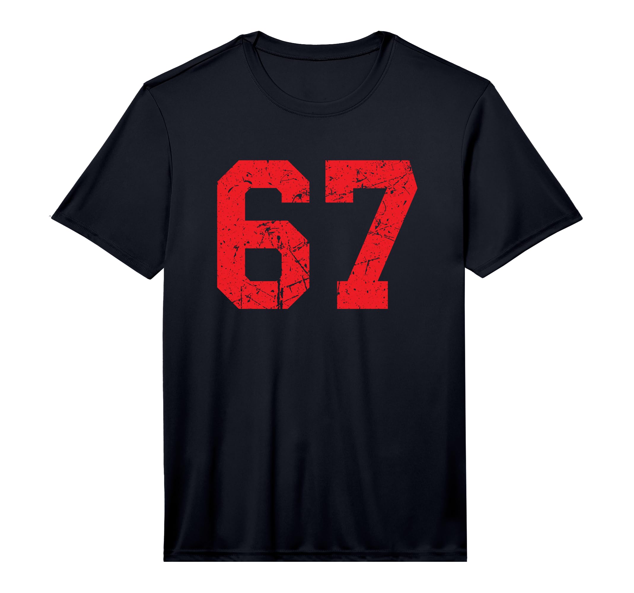 Red Distressed Number 67 Performance T-Shirt - Trendy Graphic Men Women