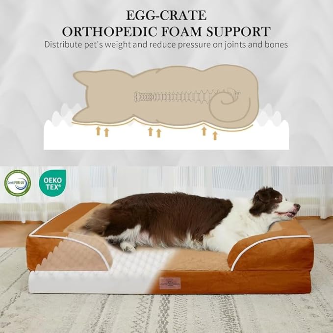 Comfort Expression XL Orthopedic Dog Beds, Waterproof Extra Large Dog Beds with Bolster, Washable Pet Sofa Couch with Removable Cover & Non-Slip Bottom(X-Large,Caramel)