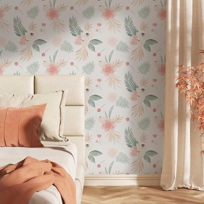 Neutral Green Leaves Pink Poppy Floral Peel and Stick Wallpaper Self Adhesive Removable Easy Peel Off Stick on Wall Paper for Bedroom Cabinet Renter