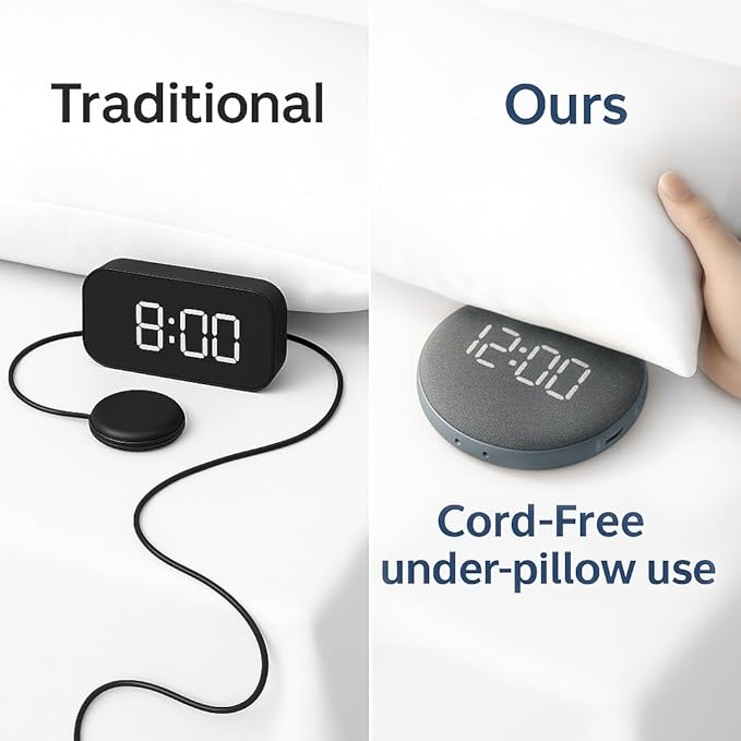 REACHER Super Loud Alarm Clock for Heavy Sleepers Adults Teens, Vibrating Alarm Clock Bed Shaker Under Pillow, Rechargeable Battery Powered for Travel, Auto-Dim, Portable