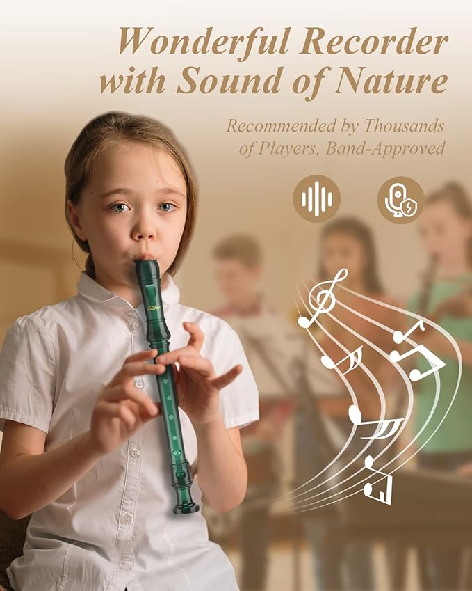 Eastar Soprano Recorder Instrument for Kids Students Beginners, German fingering C Key with Cleaning Kit, Storage Bag, Fingering Chart, ERS-1GG, Dark Green, School-Approved