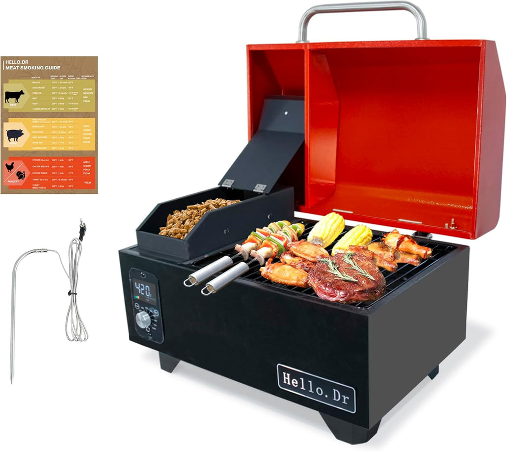 Portable Pellet Grill, Pellet Smoker with Digital Control, LED Screen, Meat Probe,for Outdoor Camping & Backpacking - Lightweight, Stainless Steel - Perfect for Hiking, RV, Red