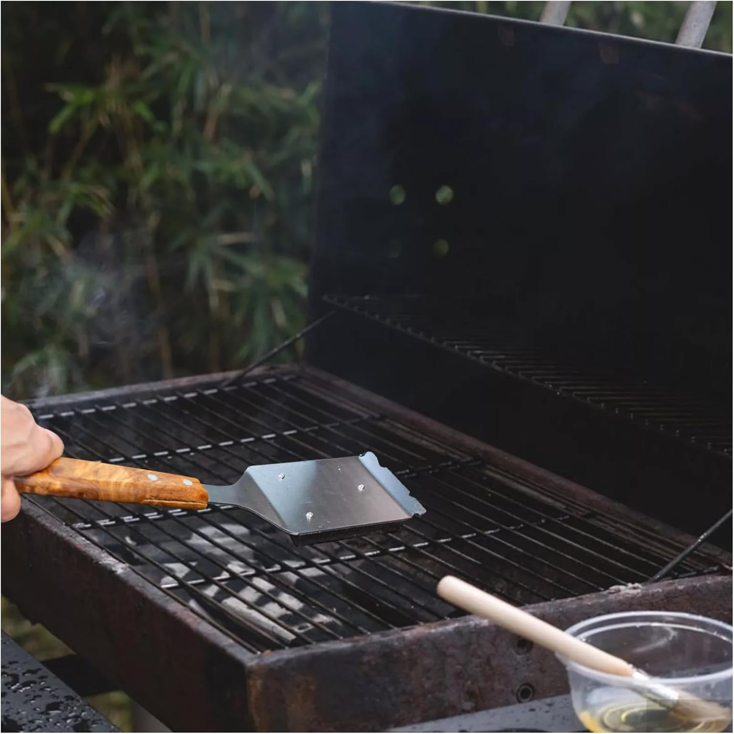 Barbecue Grill Brush and Stainless Steel Scraper Scraper Extended Large,Large Wooden Handle, Wire BBQ Grill Brush for Outdoor Grill - No Scratch- BBQ Grill Brush for Any Grill