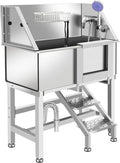 Professional Stainless Steel Dog Bathing Station, Dog Grooming Tub, with Stairs, Floor Grate & Faucet for Dog Bathtub for Large, Medium & Small Pets,34" R-RAMP