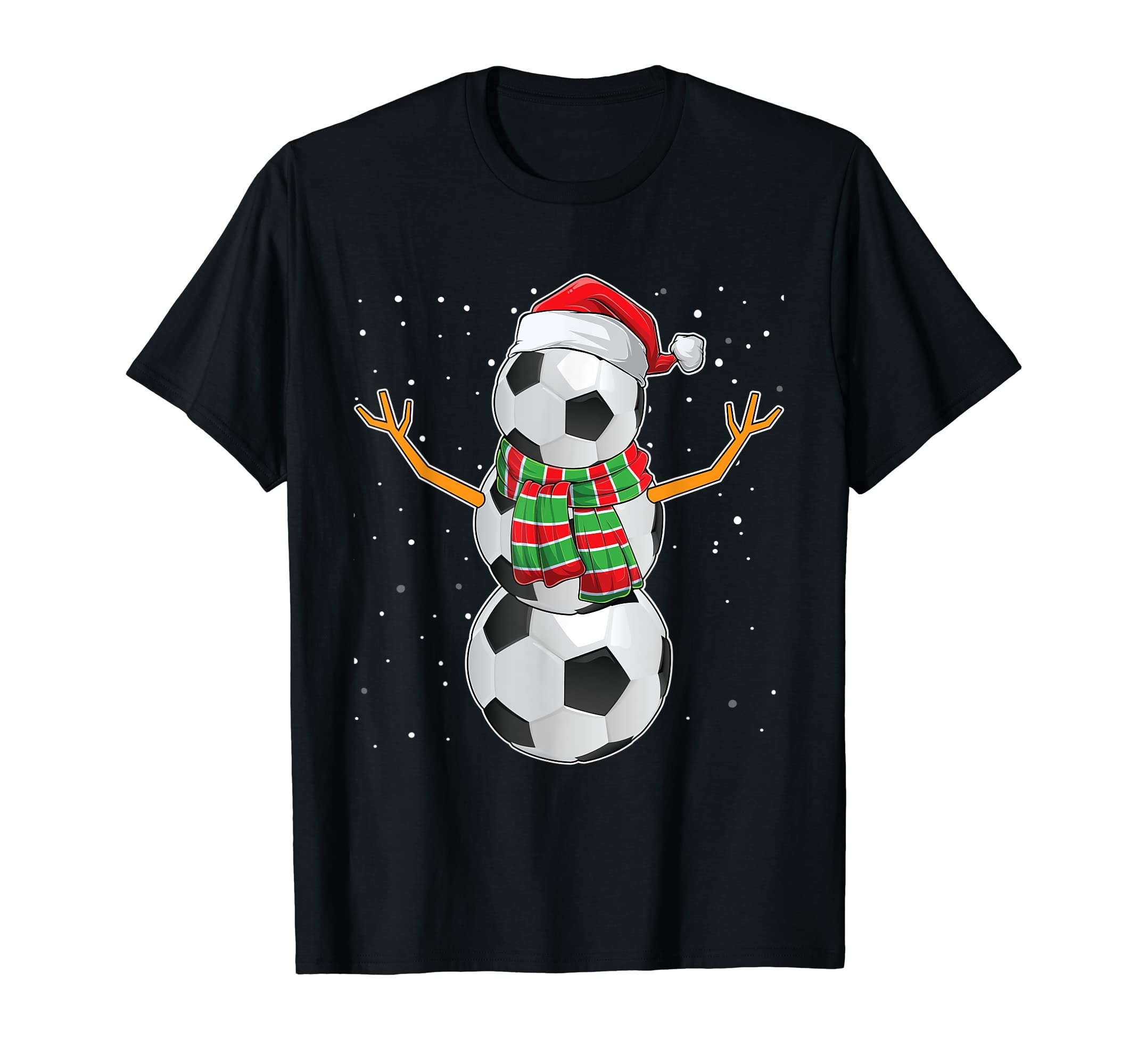 Snowman Soccer Balls Santa Hat T-Shirt - Casual Everyday Wear Men Women