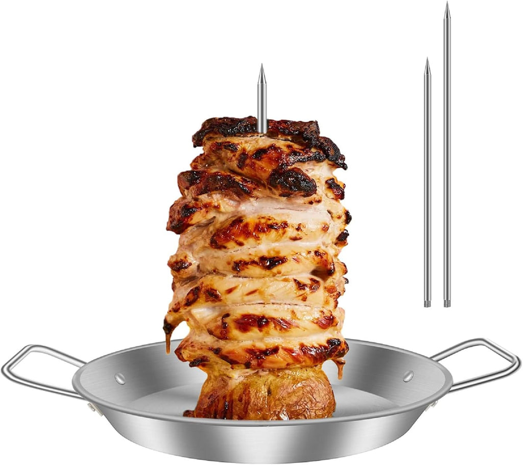 Vertical Skewer Pan, BBQ Skewer for Al Pastor, Stainless Steel Vertical Spit Stand with 3 Removable Spikes (8" / 10" / 12") for Oven Grill Use, for Shawarma Kebabs Tacos Barbecue Dishes