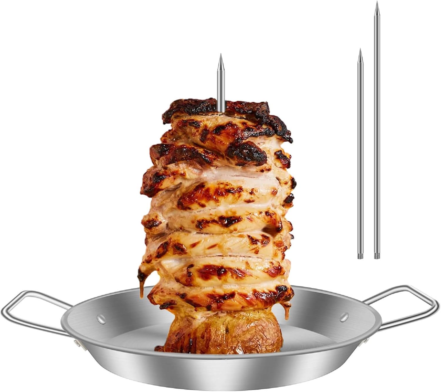 Vertical Skewer Pan, BBQ Skewer for Al Pastor, Stainless Steel Vertical Spit Stand with 3 Removable Spikes (8" / 10" / 12") for Oven Grill Use, for Shawarma Kebabs Tacos Barbecue Dishes