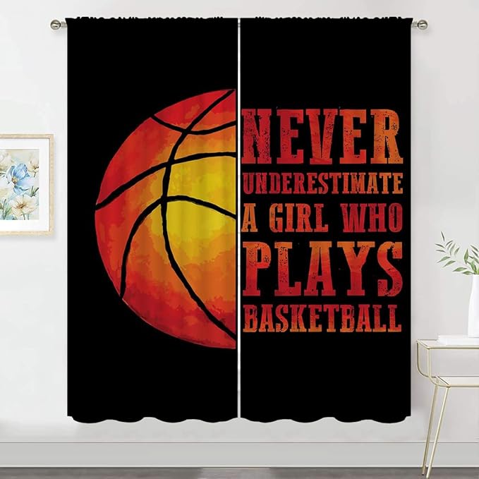 Red Basketball Blackout Curtains for Boy Girl Room Darkening Decor,Sport Theme and Motto Dark Background Bedroom Living Room Home Rod Pocket Thermal Insulated Window Curtain/Drapes Panel,42x45 Inch…