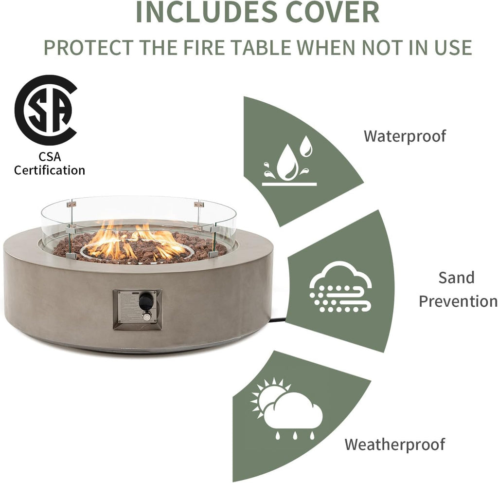 COSIEST 2-Piece Outdoor Propane Firepit Table Set w Tank Table, CSA Certified 42" Fire Table CSA Certified, 50,000 BTU w Gray Round Base,Wind Guard and 16 inches Tank Side Table 20lb for Garden,Pool