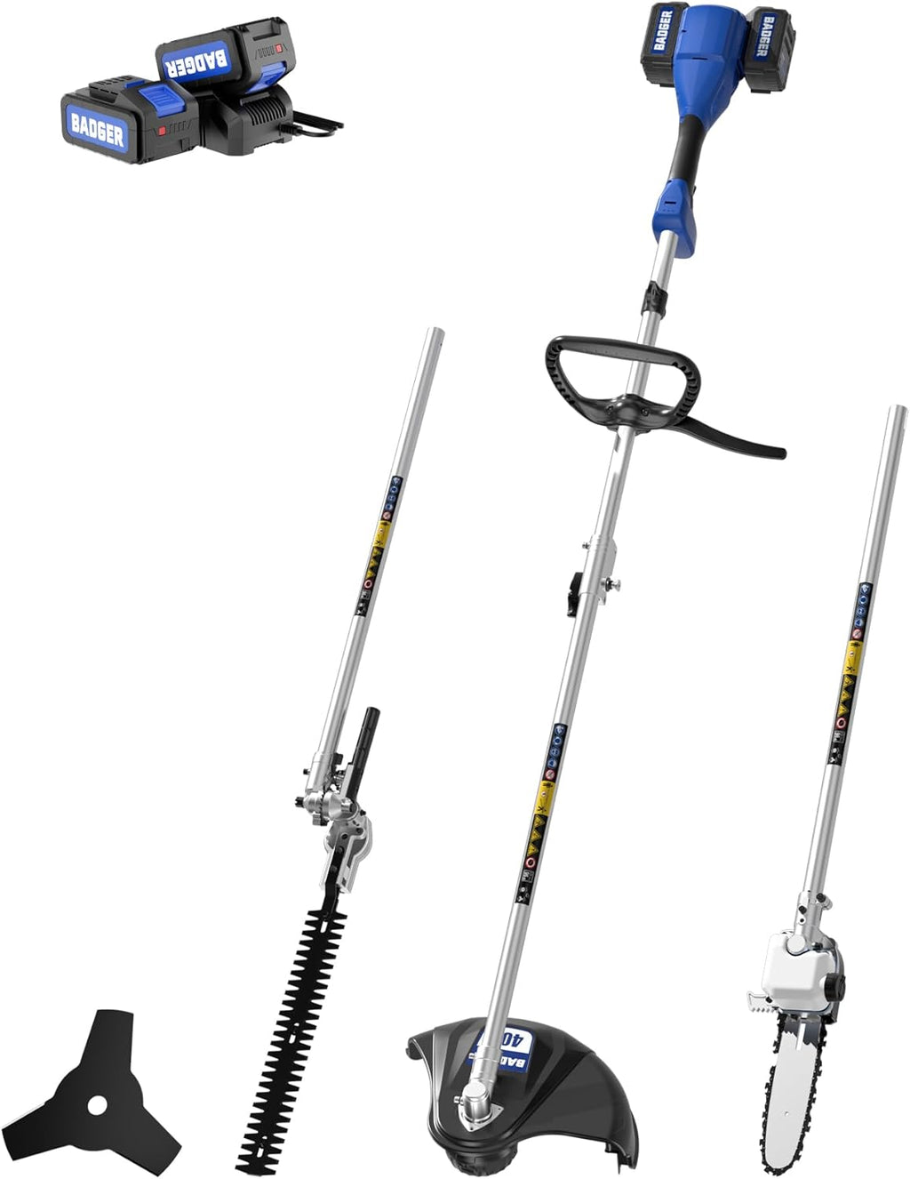 WILD BADGER POWER 40V Cordless Weed Wacker, String Trimmer/Edger, Pole Saw, Hedge Trimmer and Brush Cutter Blade, Attachment Capable 4-in-1 Multi-Tool Kit with 2 * 20V 4Ah Battery and 1*Charger