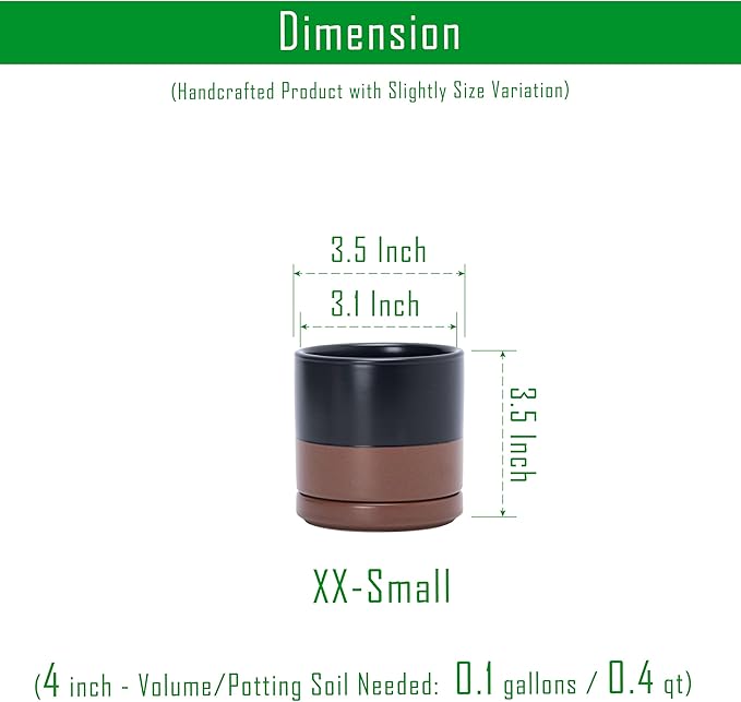 D'vine Dev Set of 4 Small Ceramic Plant Pots, 3.5 Inch Succulent Planter Pot for Plants with Drainage Hole and Saucer, Black/Speckled Tan, 94-X-A-7