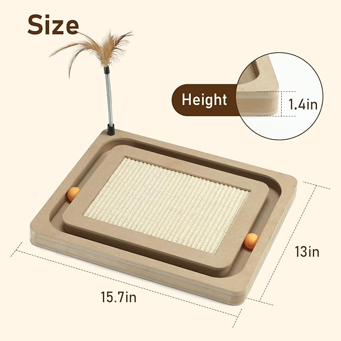 PEEKAB Cat Scratcher,Sisal Scratching Board with Track Ball Interactive Toy and Swing Feather Toys for Indoor Cats and Kittens,Large Heavy Durable