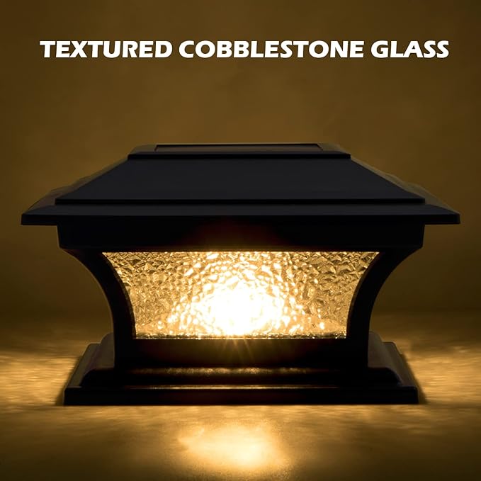 SIEDiNLAR Solar Post Lights Outdoor Glass LED Fence Cap Light 2 Modes for 4x4 5x5 6x6 Posts Deck Patio Garden Decoration Warm White/Cool White Lighting Black (1 Pack)