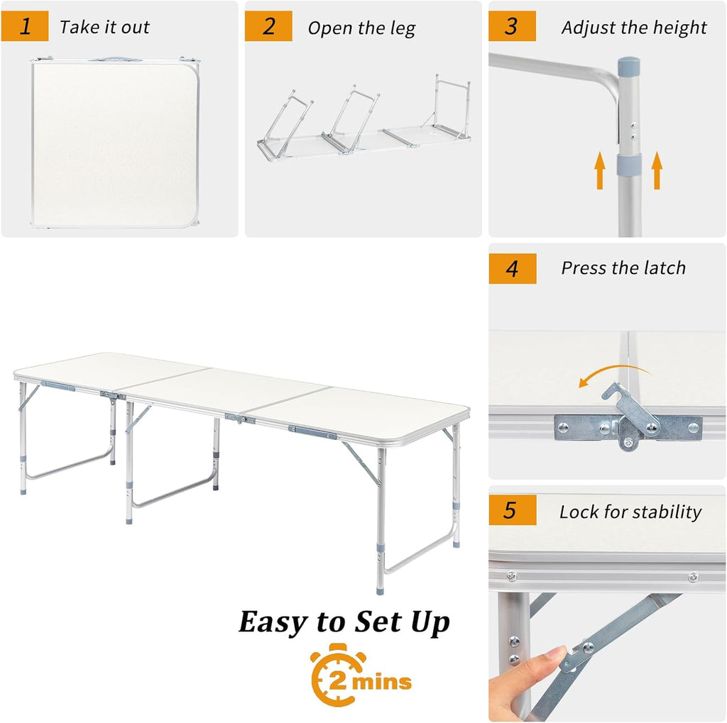 Outvita 6ft Portable Folding Camping Table, Outdoor Waterproof Adjustable Height Table, Aluminum Lightweight Suitcase Foldable Table for Picnic BBQ Beach Dining