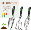 LASZOLA 3 Piece Garden Tool Set Include Hand Trowel Rake and Transplant Shovel for Women, Indoor Heavy Duty Small Spade Kit with Ergonomic Handle to Weed and Loosen, for Mom and Plant Beginner, Green