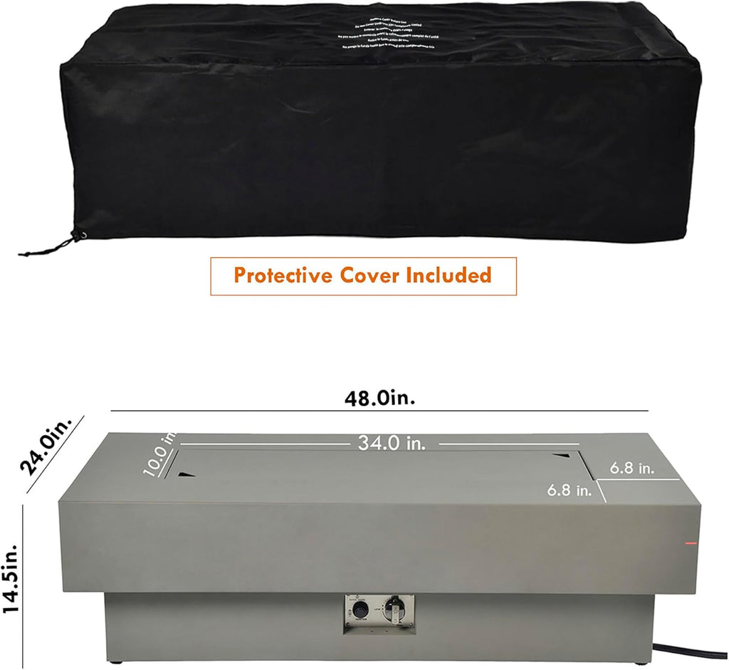 48-inch Fire Table with 20lb Propane Tank Cover, 50,000BTU Outdoor Modern Patio Fire Pit Table w/Rectangular Burner Lid, Glass Rocks, Pre-Attached 10ft External Gas Hose