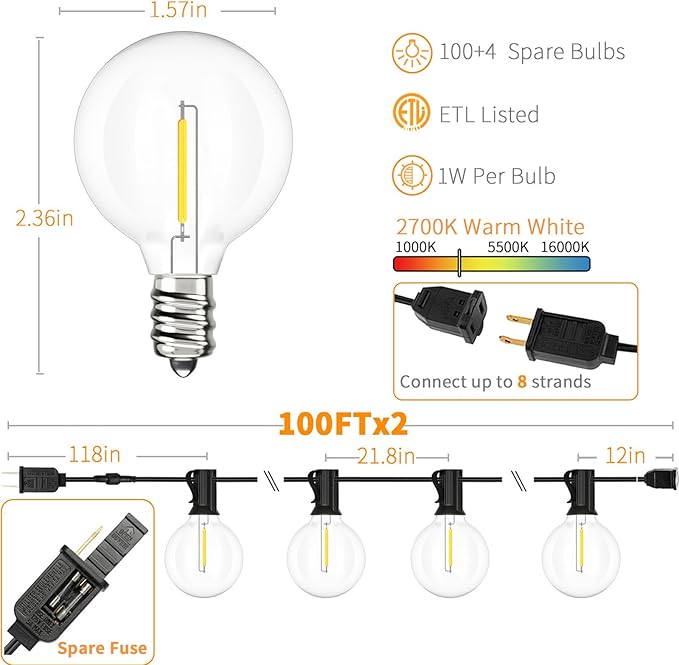 Svater Outdoor String Lights 200 FT, Patio Lights with 104 Shatterproof LED Bulbs, Commercial Grade Waterproof Plastic Hanging Light for Bistro Backyard Cafe Market, Warm White 2700K (2 X 100 FT)