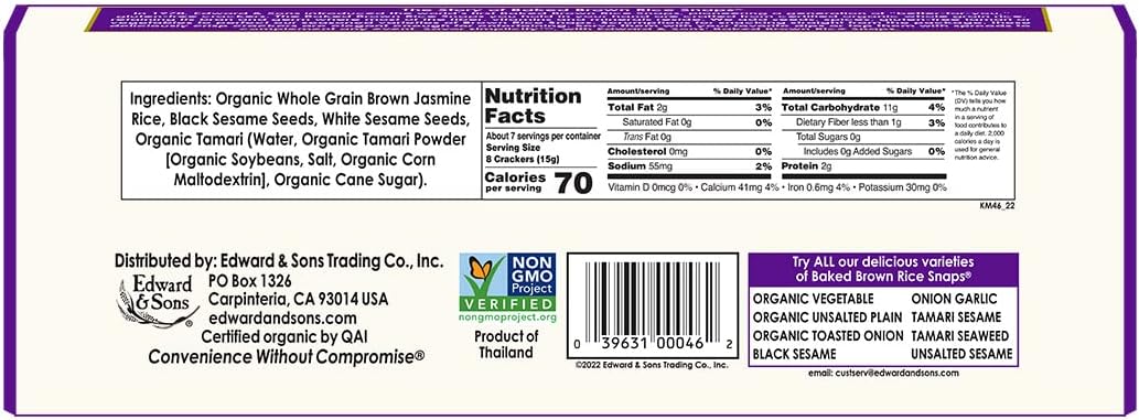 Edward & Sons Brown Rice Snaps, Black Sesame, 3.5 oz, Case of 12