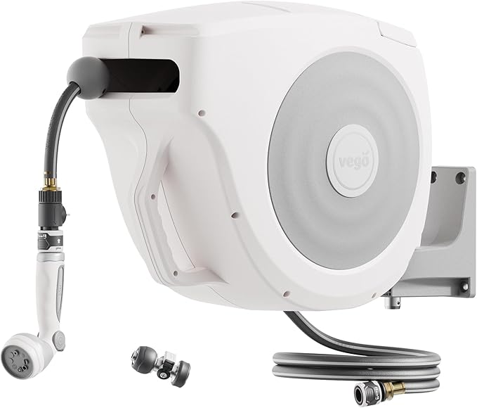 Vego Garden Hose Reel Retractable Hi-Flow x 100ft Wall Mounted Hose Reel Automatic Rewind, Any Length Lock with 9 Patterns Sprayer Nozzle, Quick Connector and Adjustable shot Nozzle-Cloud White