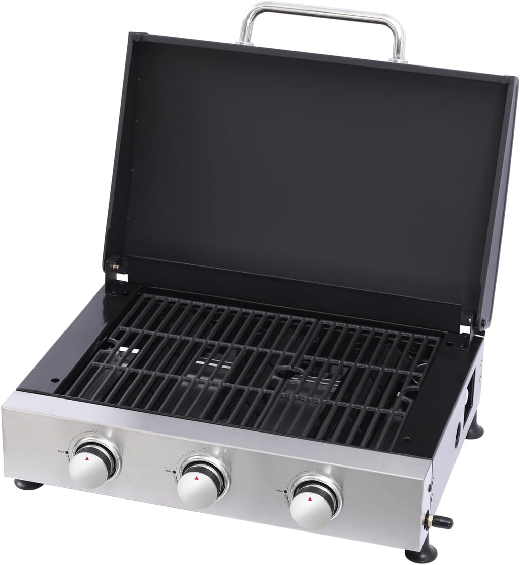 3-Burner Propane Gas BBQ Grill with SS Plancha, 28,650 BTU Output, Wire Enamel Cooking Grids, Heavy-Duty Stainless Steel Grill
