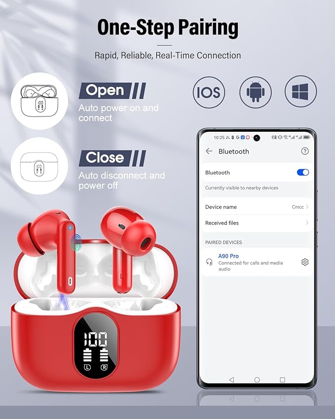 Wireless Earbuds, Bluetooth 5.4 Headphones Bass Stereo, Ear Buds with Noise Cancelling Mic, IP7 Waterproof in Ear Earphones, 36H LED Display Bluetooth Earbuds for Laptop Pad Phones Sports, Red