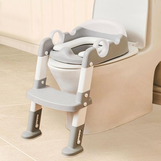 Wiifo Sturdy Potty Ladder with Soft Padded Cushion for Kids and Toddler, Step Stool Ladder for Toilet Training Seat(Grey White)