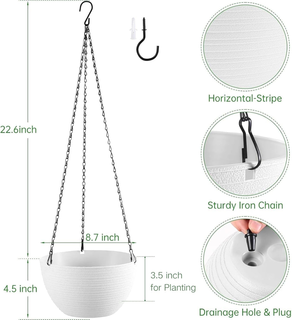 Hanging Planters for Indoor Outdoor Plants, Set of 2 Self Watering Hanging Pots with Drainage Hole & Plug and 20" Chain & Hooks