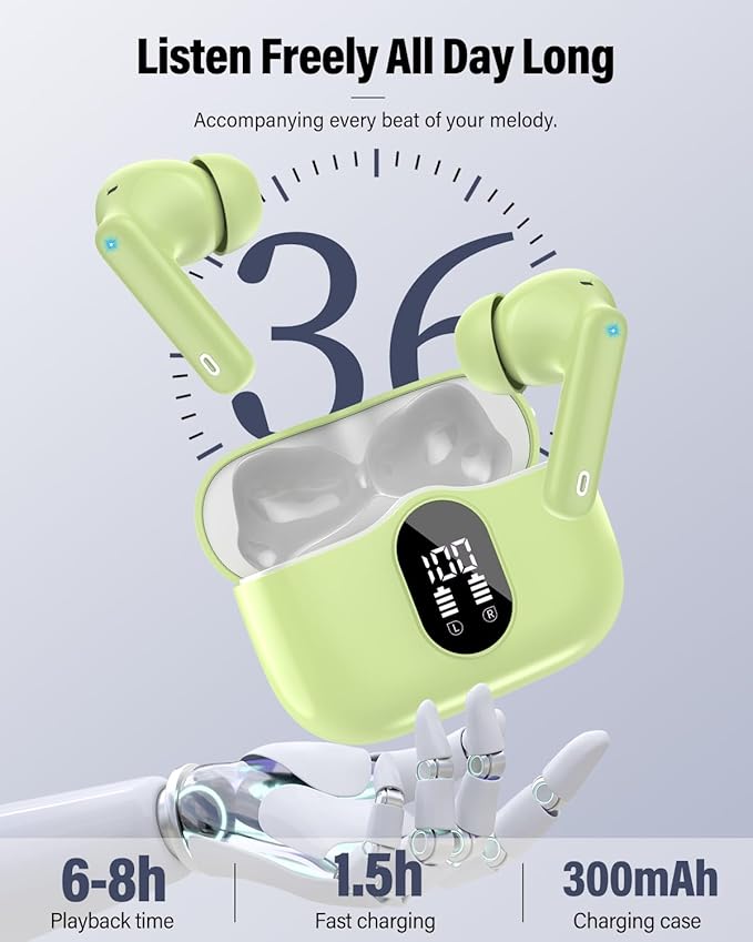 Wireless Earbuds, Bluetooth 5.4 Headphones Bass Stereo, Ear Buds with Noise Cancelling Mic, IP7 Waterproof in Ear Earphones, 36H LED Display Bluetooth Earbuds for Laptop Pad Phones Sports, Grass Green