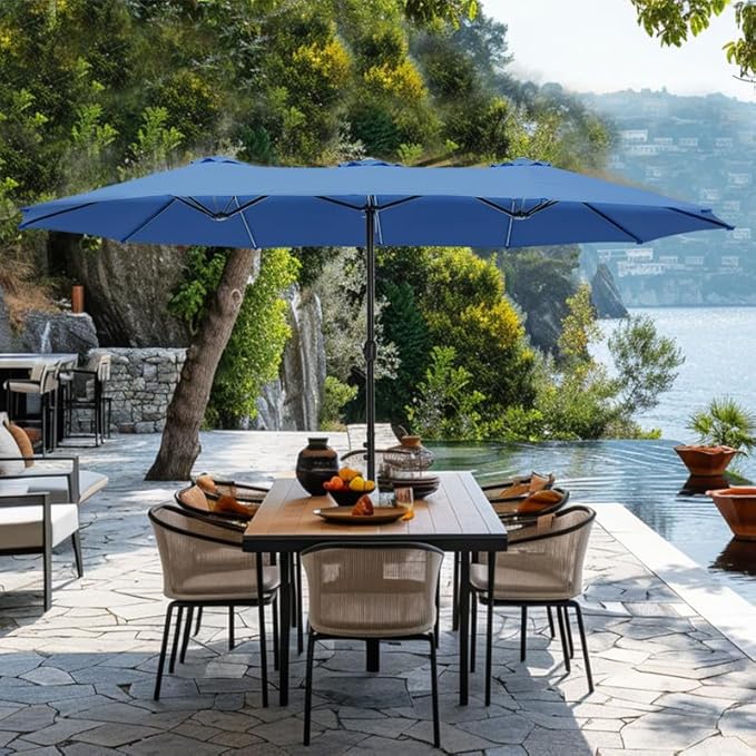 GREEN PARTY 15 ft Rectangle Patio Umbrella with Base Included, Double-Sided Table Umbrella with Crank, Large Outdoor Umbrellas for Patio Poolside Garden Backyard, Haze Blue