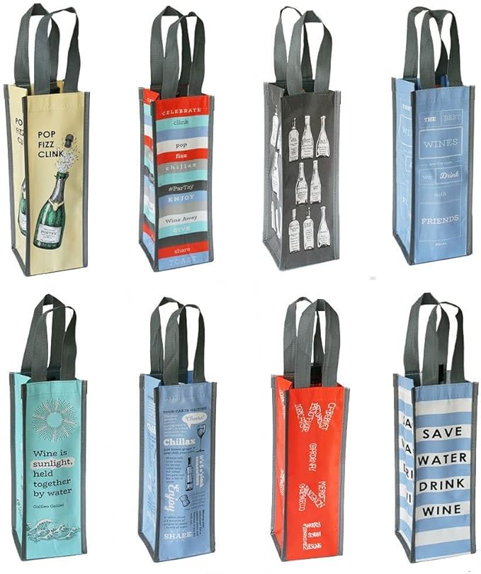 Set of 8: G.U.S. Eco-Friendly Wine Bags - Water Resistant, Reusable Wine Bags with Wide Sturdy Handles. Durable, Affordable. Uniquely Printed Designs