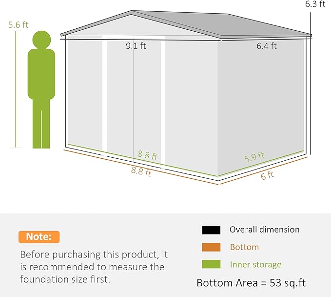 Outsunny 9' x 6' Outdoor Storage Shed, Garden Tool Metal Shed with Foundation Kit, Double Lockable Door, Air Vents and Sloping Roof, for Backyard, Patio, Lawn, Green