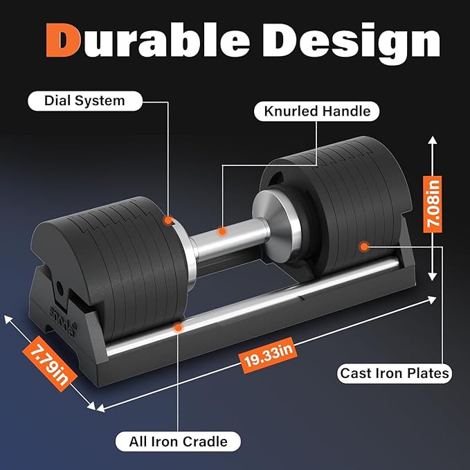 SNODE AD80 Drop Proof 80 lbs Adjustable Dumbbell Set -Adjustable Weights with Cast Iron Plates and Cradle, Knurled Handle, Fast Adjust, Compact Home Gym Equipment for Bench & Press