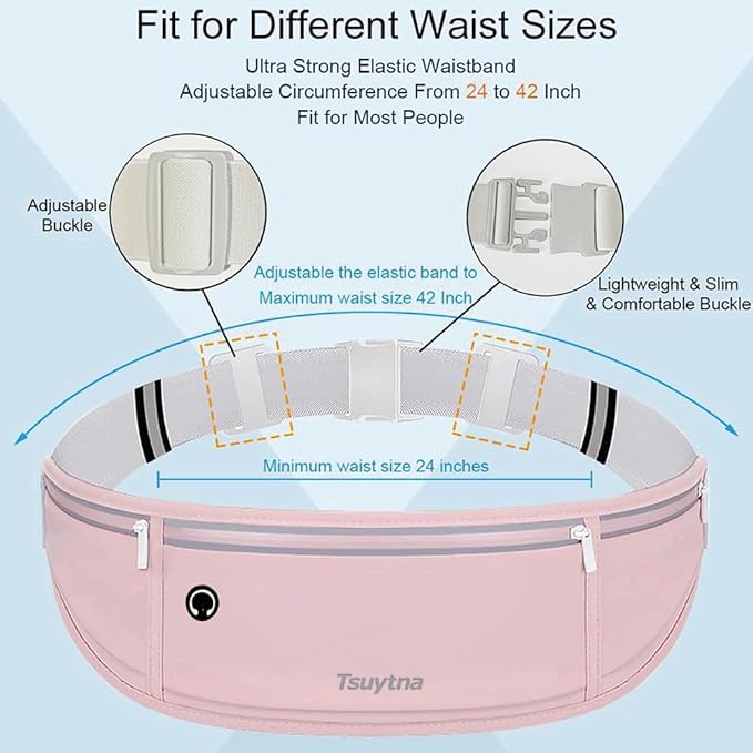 Running Belt for Women & Men - Slim Phone running belt with Water-Resistant Phone Holder, 3 pockets Adjustable Waist Strap, Reflective Safety Design for Running, Hiking, Travel，Fitness (Pink)