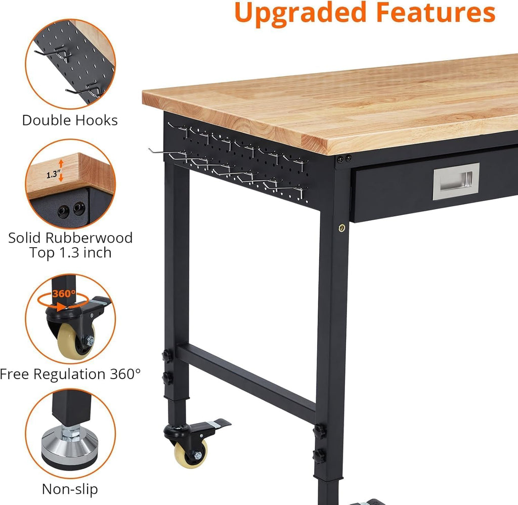 48x24 Inch Garage Workbench with Wheels, Adjustable Rubber Wood Top Garage Workbench with Power Outlet, 2000 Lbs Load Capacity for Workshop, Woodworking, Office